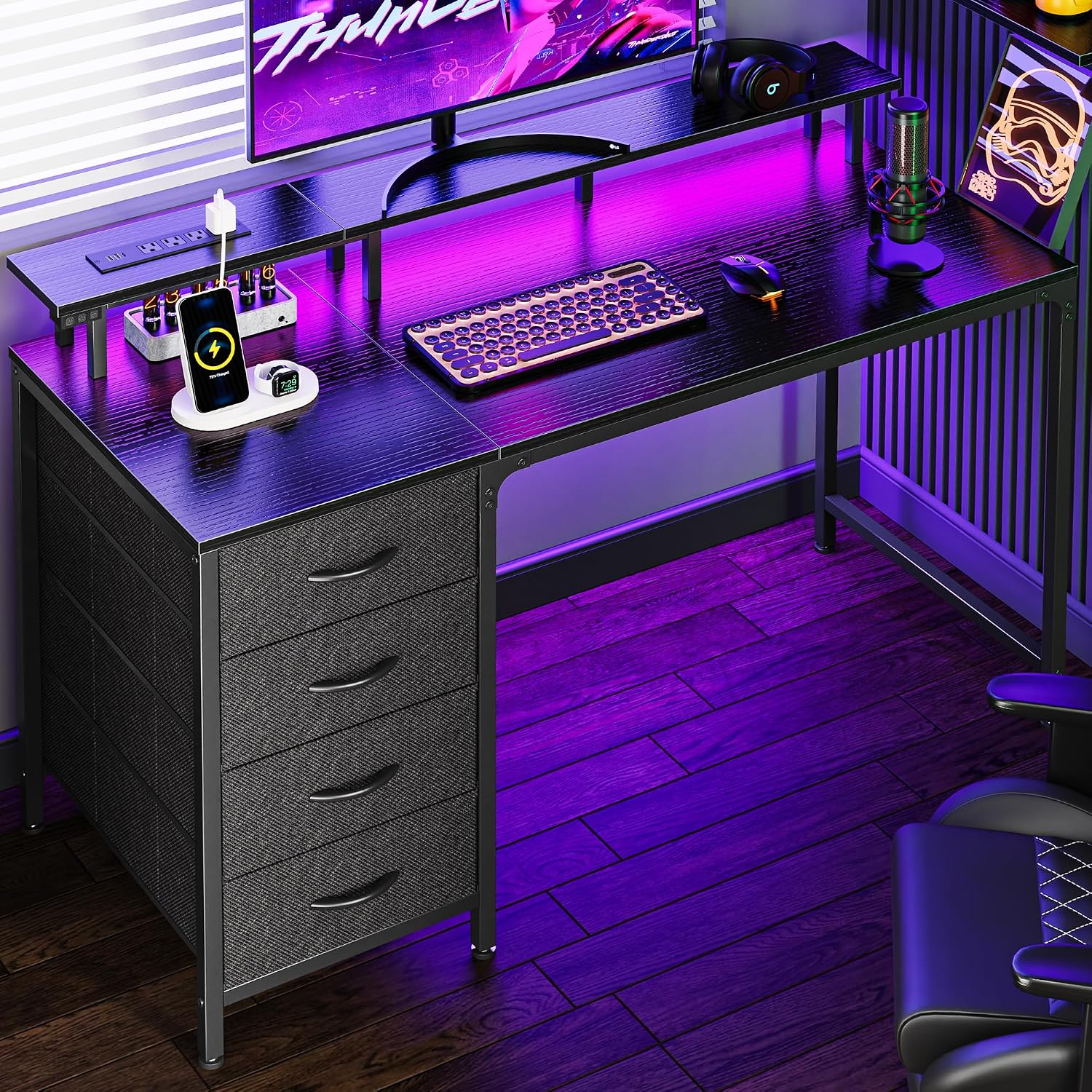 Huuger 47 Inch Computer Desk With Power Outlets And Led Lights, Gaming Desk With 4 Drawers, Office Desk With Monitor Stand, Study Work Home Office, Small Spaces, Black