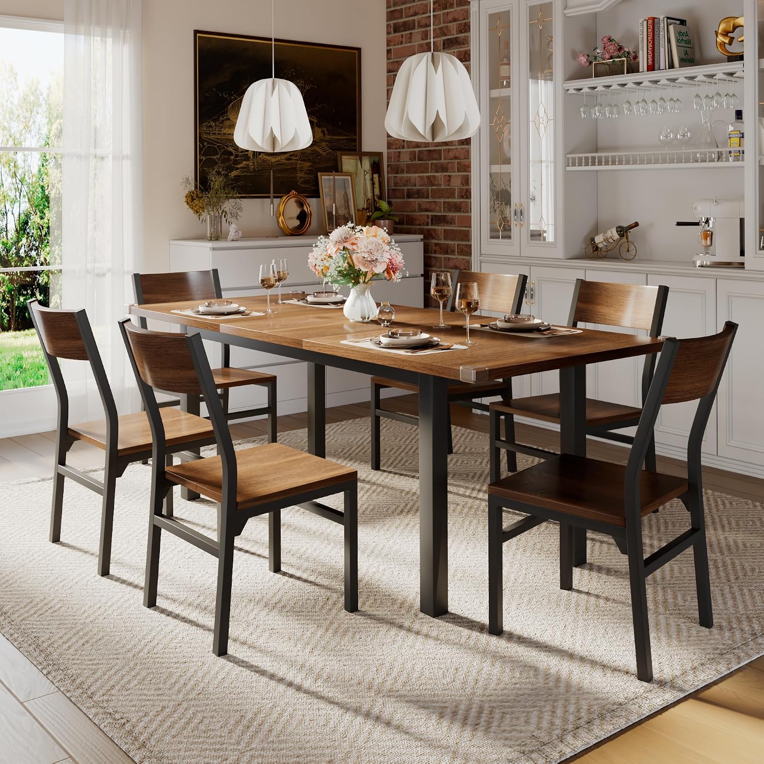 Ipormis 7-Piece Dining Table Set With 6 Chairs, 63" Extendable Kitchen Table & Chairs Set For 4-6, Dining Roomtable With Solid Metal Frame & Mdf Board, Perfect For Small Space, Easy Assembly, Walnut