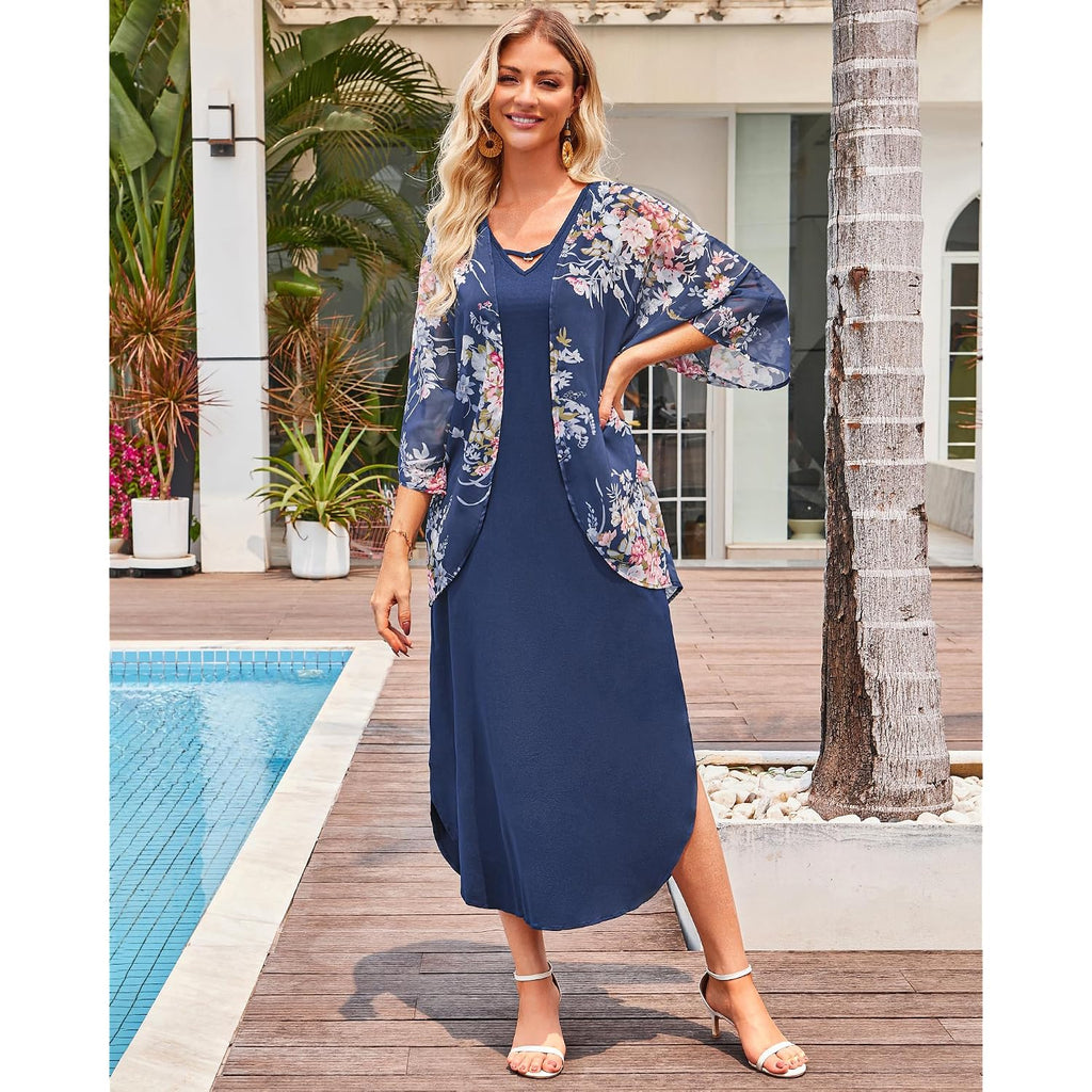 Women'S Summer Maxi Dress 2 Piece Outfit Sleeveless Loose Split Dresses With Cover Up Casual Formal