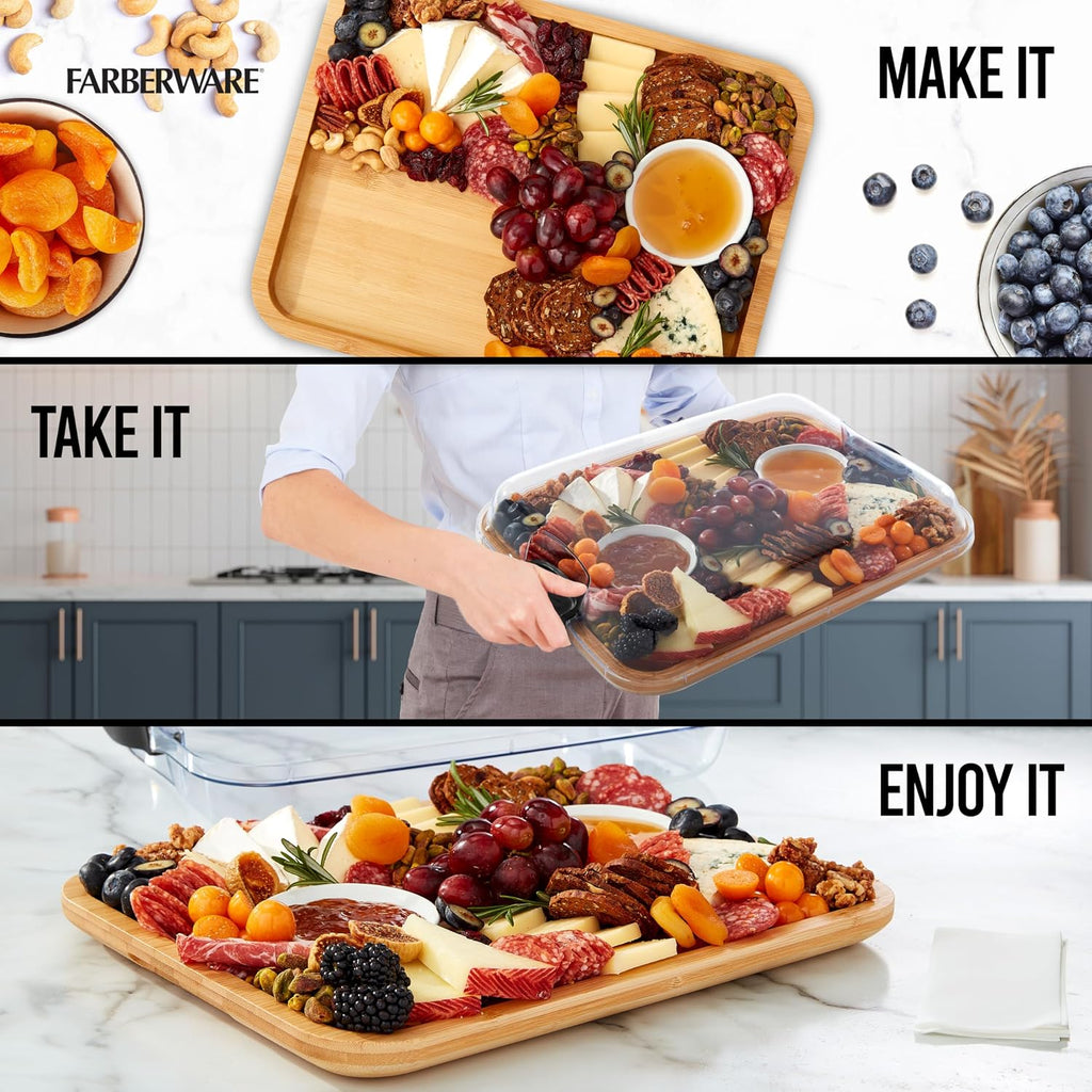 Farberware Bamboo Cutting Board With Clear Locking Lid, 11X14 Inch Charcuterie Board With Handles - Reversible Serving Board For Cheese, Meats, Snacks And More