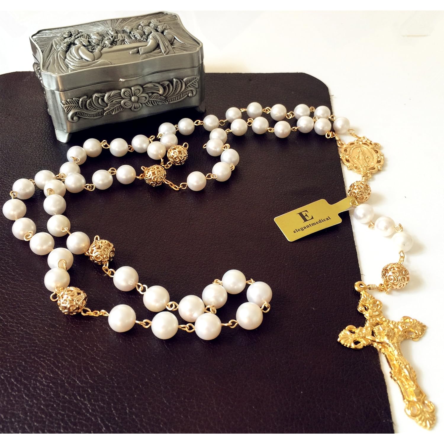 Elegangtmedical handmade White Real Pearl Rose Beads Catholic Rosary Gold Cross Necklace Supper Box