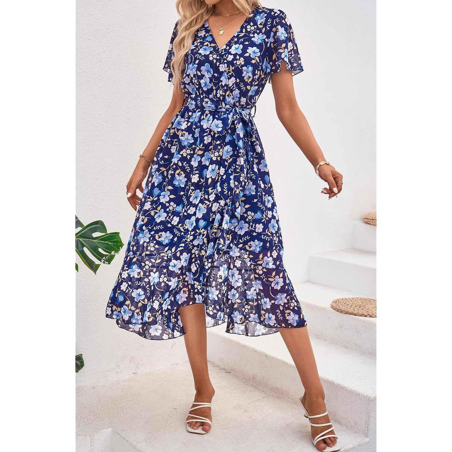 Prettygarden Women'S Summer Floral Boho Maxi Dress Short Sleeve Wrap V Neck Ruffle Long Flowy Beach Wedding Guest Dresses