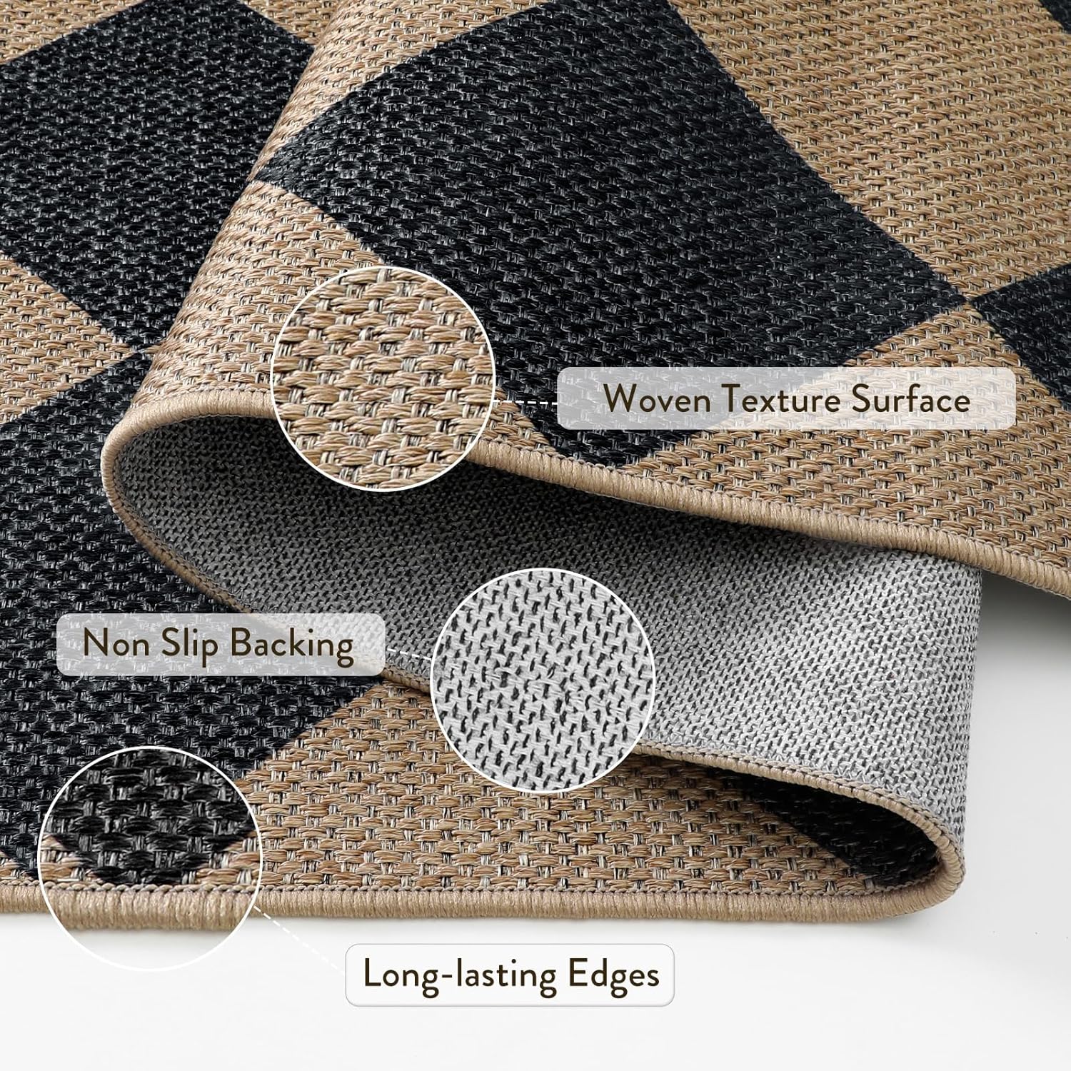 Lahome Colette Checkered Easy Jute 3x5 Outdoor Patio Rug, Washable Rugs for Entryway Diamond Indoor Outdoor Living Room Carpet, Farmhouse Neutral Non Slip Black Door Carpet for Patriotic Decor