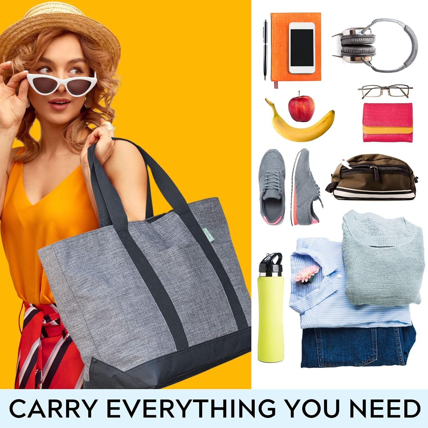 Creative Green Life Extra Large Tote Bag, Gray | Canvas Style, Carry-All, Zipper Closure, Fully Lined, For Work, School, Gym, Shopping, Travel, Overnight Bag