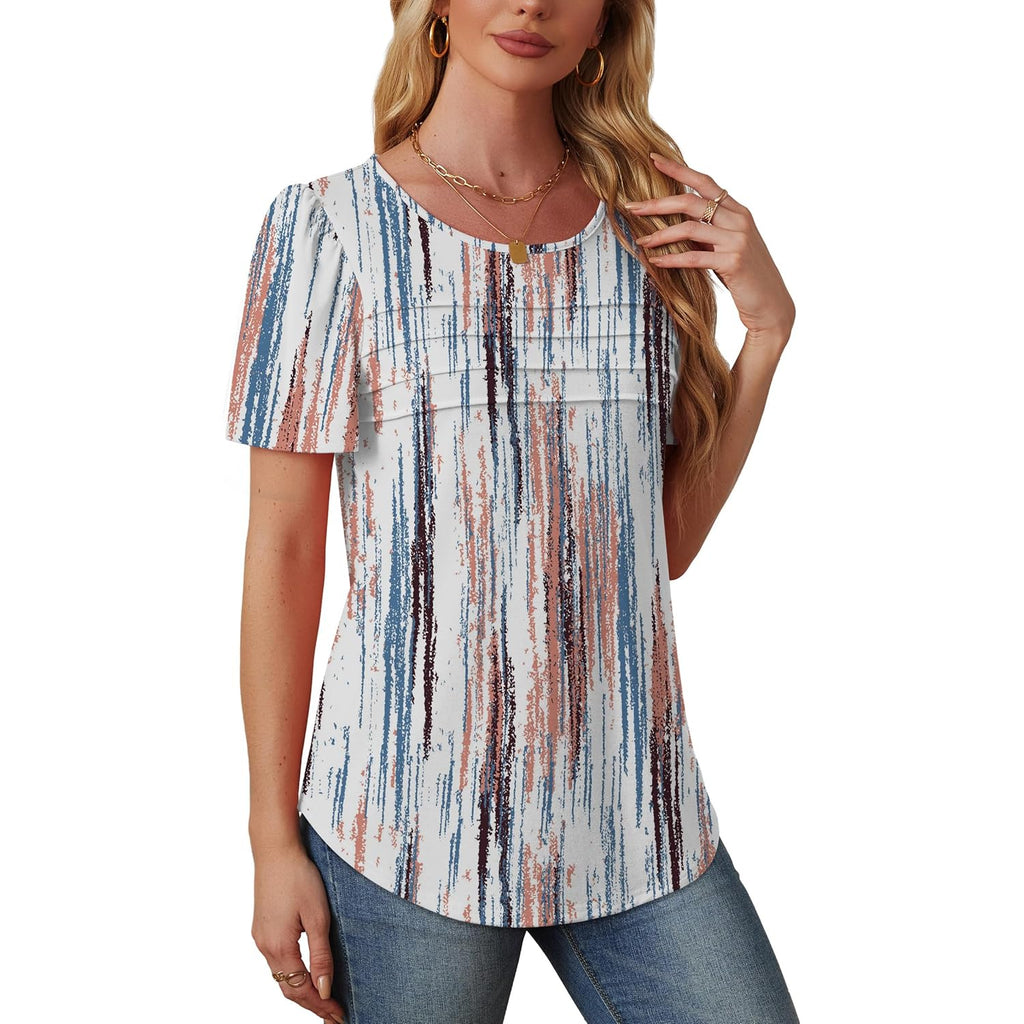 Womens T Shirts Short Sleeve Tops Dressy Casual Blouses Spring Summer Outfits Flowy Pleated Front Scooped Neck