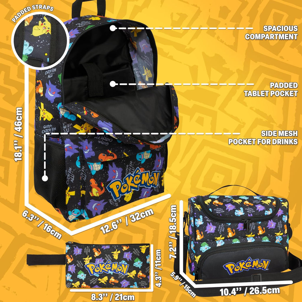 Get Trend Pokemon Boys Backpack, Lunch Bag & Pencil Case, 3 Piece Set | 18 Inch Bookbag, Adjustable Padded Straps, Insulated Lunch Bag, Pencil Pouch, School Supplies, Pikachu Gamer Gifts For Boys