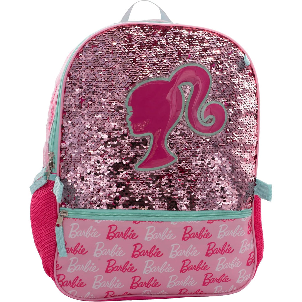 Ai Accessory Innovations Barbie 4 Piece Backpack Set, Sparkle & Shine With This Magic Flip Sequin School Bag For Girls With Zip Front Pocket, Pink