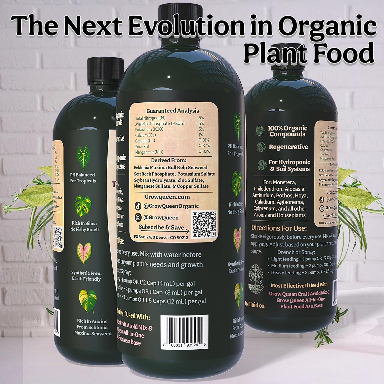 Organic Liquid Indoor Plant Food, Houseplant, Tropical & All-Purpose Indoor Plant Fertilizer, Organic Liquid Fertilizer 5-5-5 With Sea Kelp, 8Oz Treats 50 Gallons