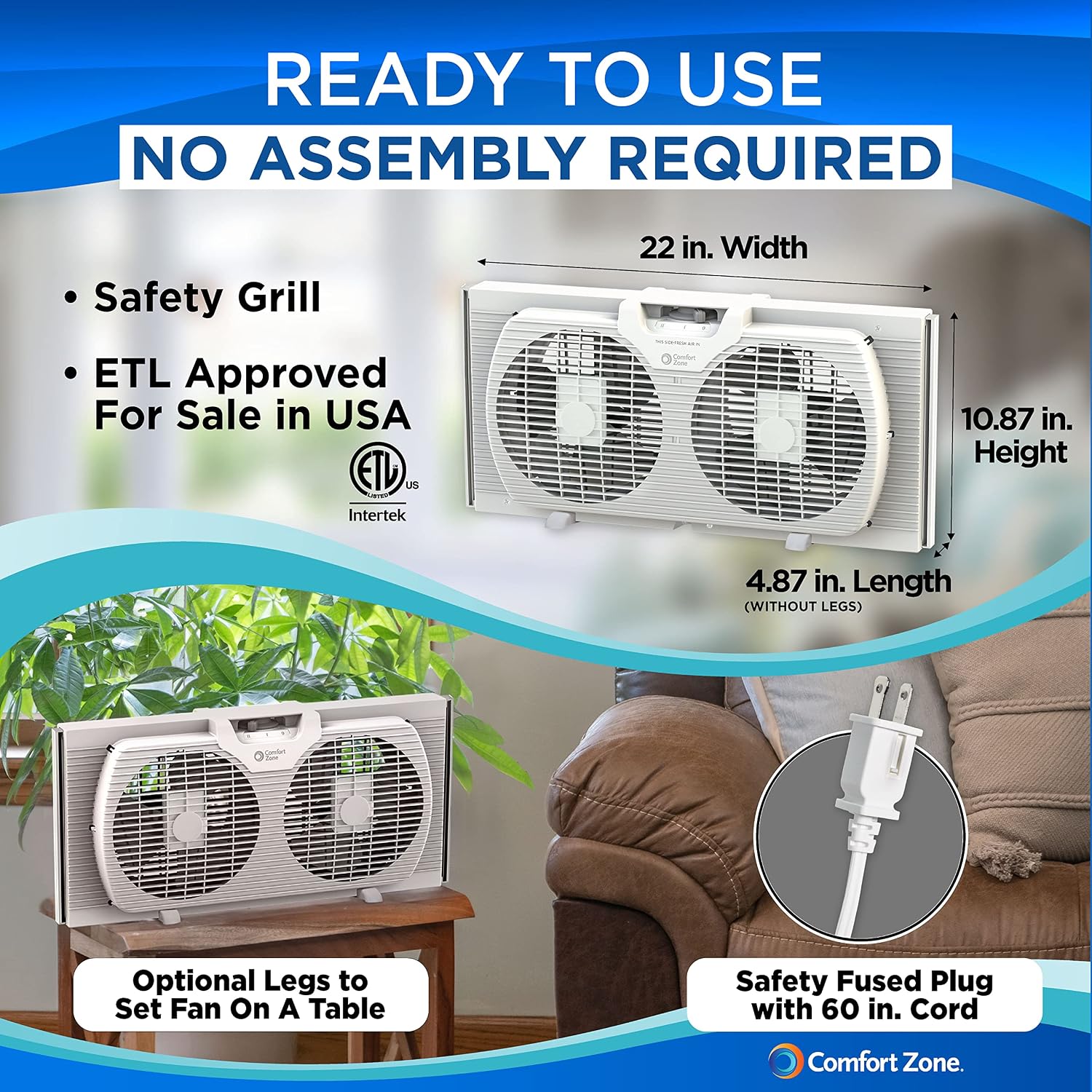 Comfort Zone Twin Window Fan With Reversible Airflow Control, 9 Inch, Auto-Locking Expanders, 2 Speed Fan, Dual Fan, Exhaust, Airflow 9.84 Ft/Sec, Ideal For Home, Kitchen, Bedroom & Office, Cz319Wt
