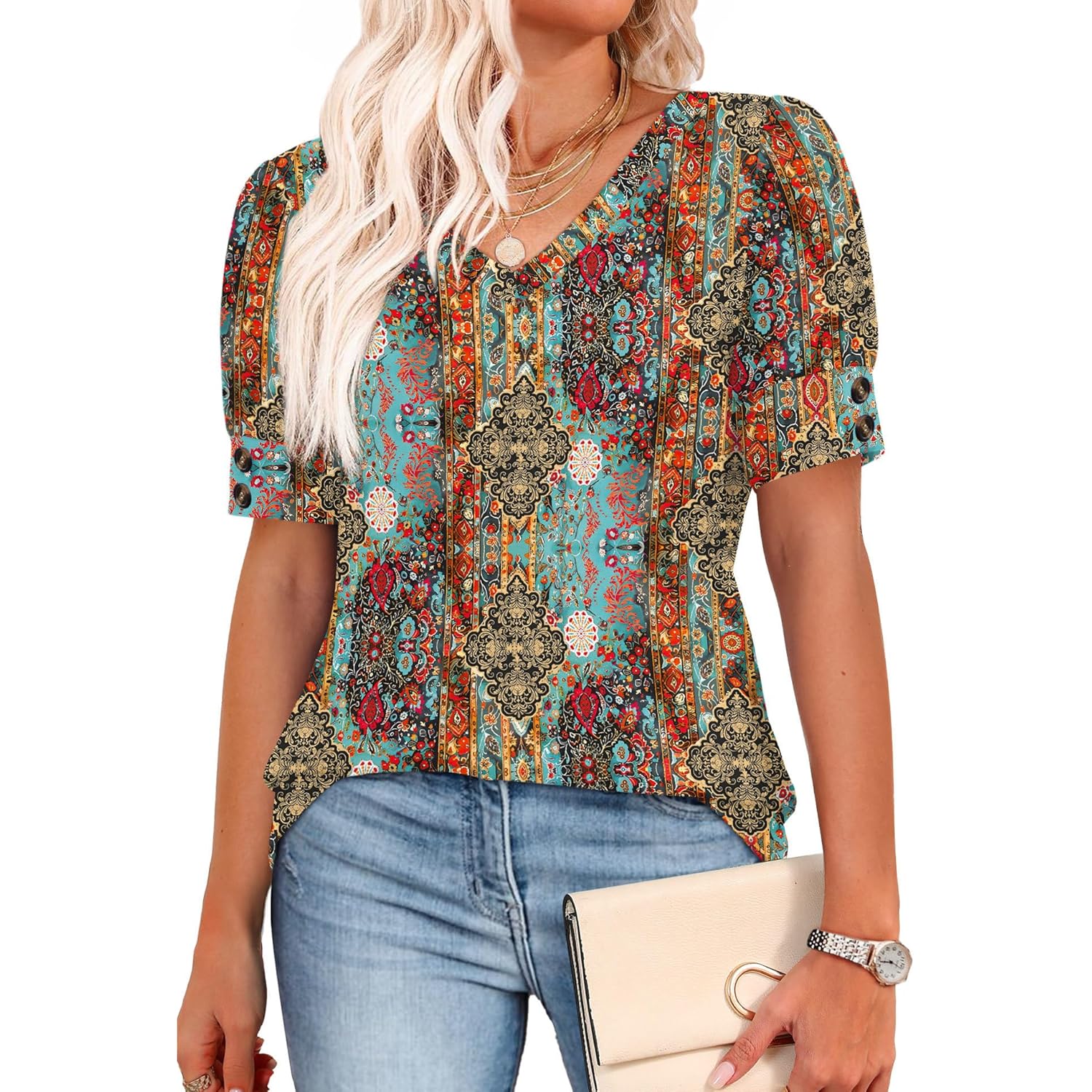 Womens Tops Short Sleeve Shirts Buttons V Neck Spring Fashion Summer Outfits Plus Size Blouses Dressy Casual