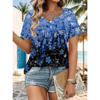 Women's Summer Tops Short Sleeve Blouses for Women Henley V-Neck Floral Pleated Loose Fit Shirts for Leggings（S-3XL）