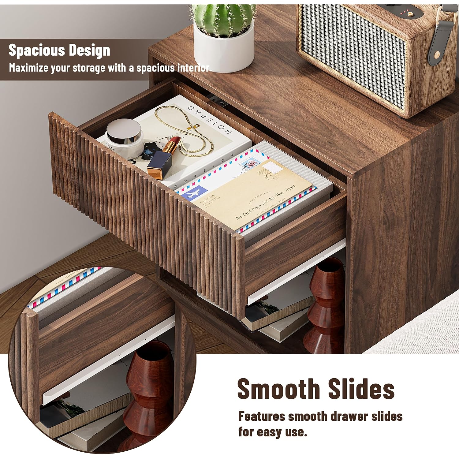 Fluted Nightstands Set Of 2, Modern Bedside Table With Storage Drawer And Open Wood Shelf, Wood End Table Mid Century Night Stands For Bedroom Living Room Sofa Couch Office Walnut Brown