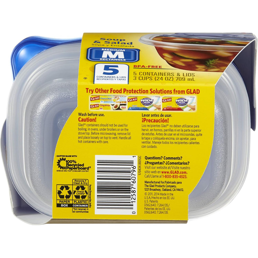 Glad GladWare Medium Rectangle Food Storage Containers with Lids, BPA Free Plastic for Soups Salads and Meal Prep, Airtight Leak Resistant, Microwave Dishwasher Freezer Safe, 24 Oz, 5 Count