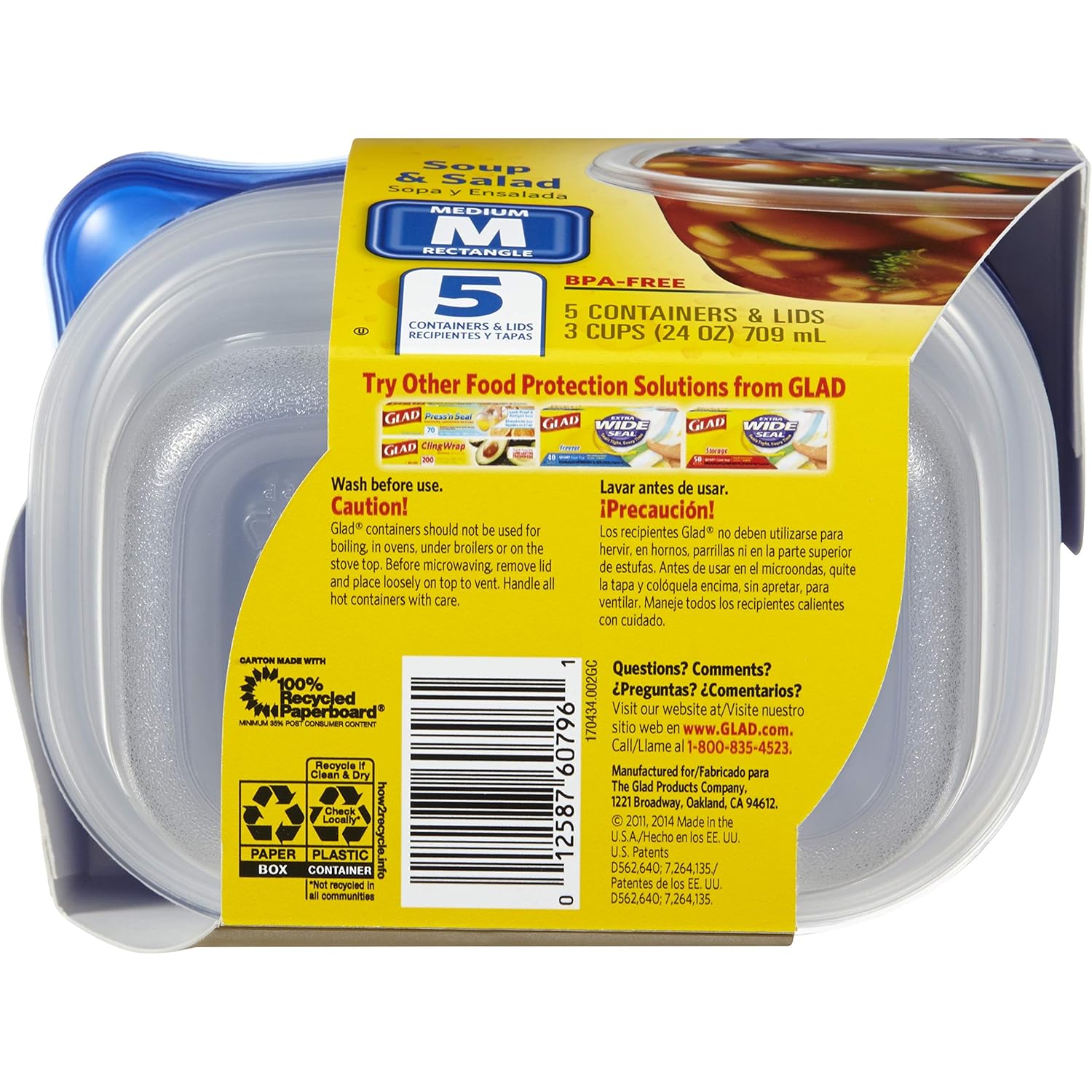 Glad GladWare Medium Rectangle Food Storage Containers with Lids, BPA Free Plastic for Soups Salads and Meal Prep, Airtight Leak Resistant, Microwave Dishwasher Freezer Safe, 24 Oz, 5 Count