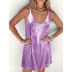 Miyieonz Women Sequin Sexy V Neck Shift Dress Sparkly Glitter Sleeveless Short Flowy Loose Party Night Out Club Dress