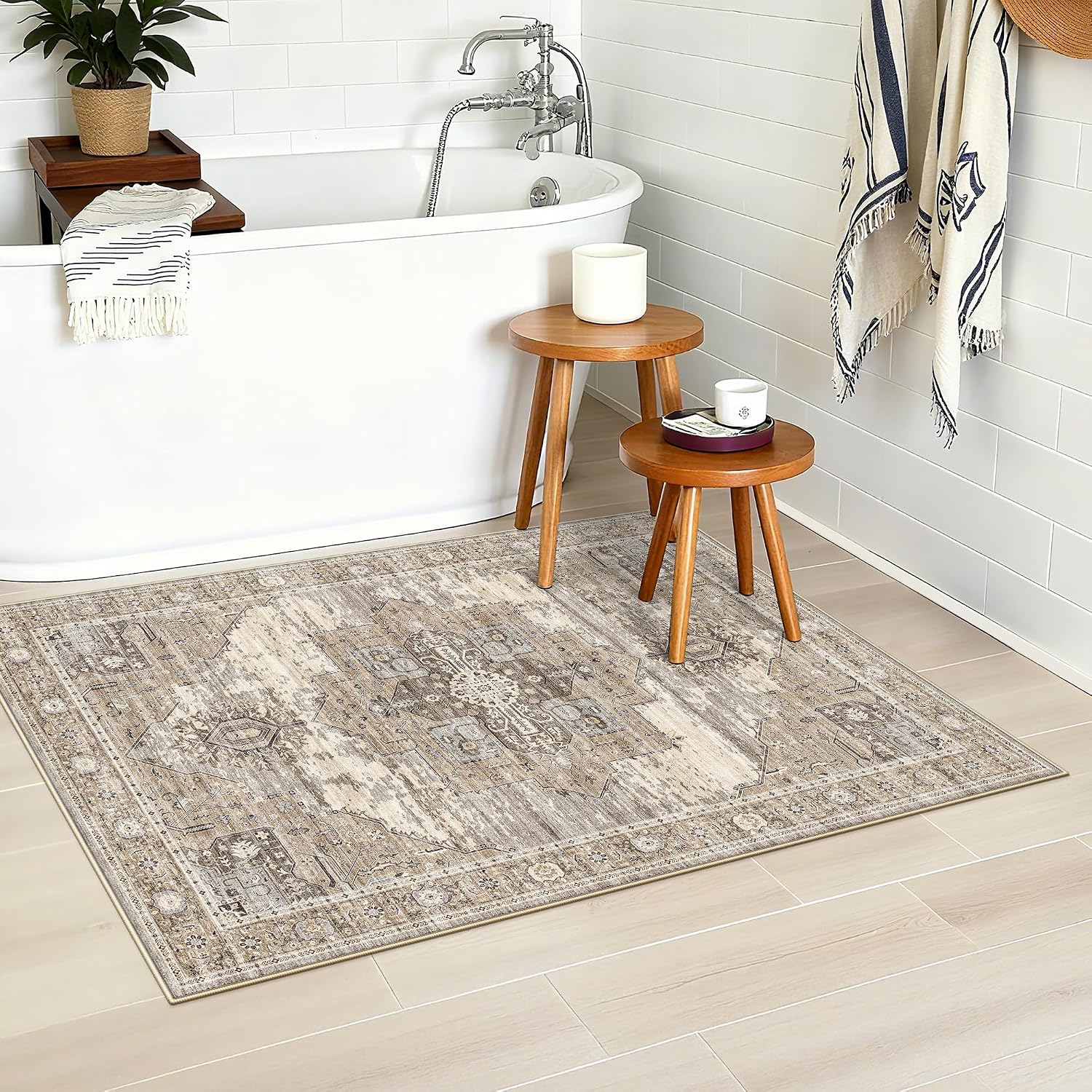 Washable 2X3 Area Rugs - Large Boho Rugs For Living Room Stain Resistant Carpet Vintage Tribal Rugs For Bedroom Kitchen Bathroom With Non Slip Backing Home Decor Floor Decoration Mat 2X3 Beige
