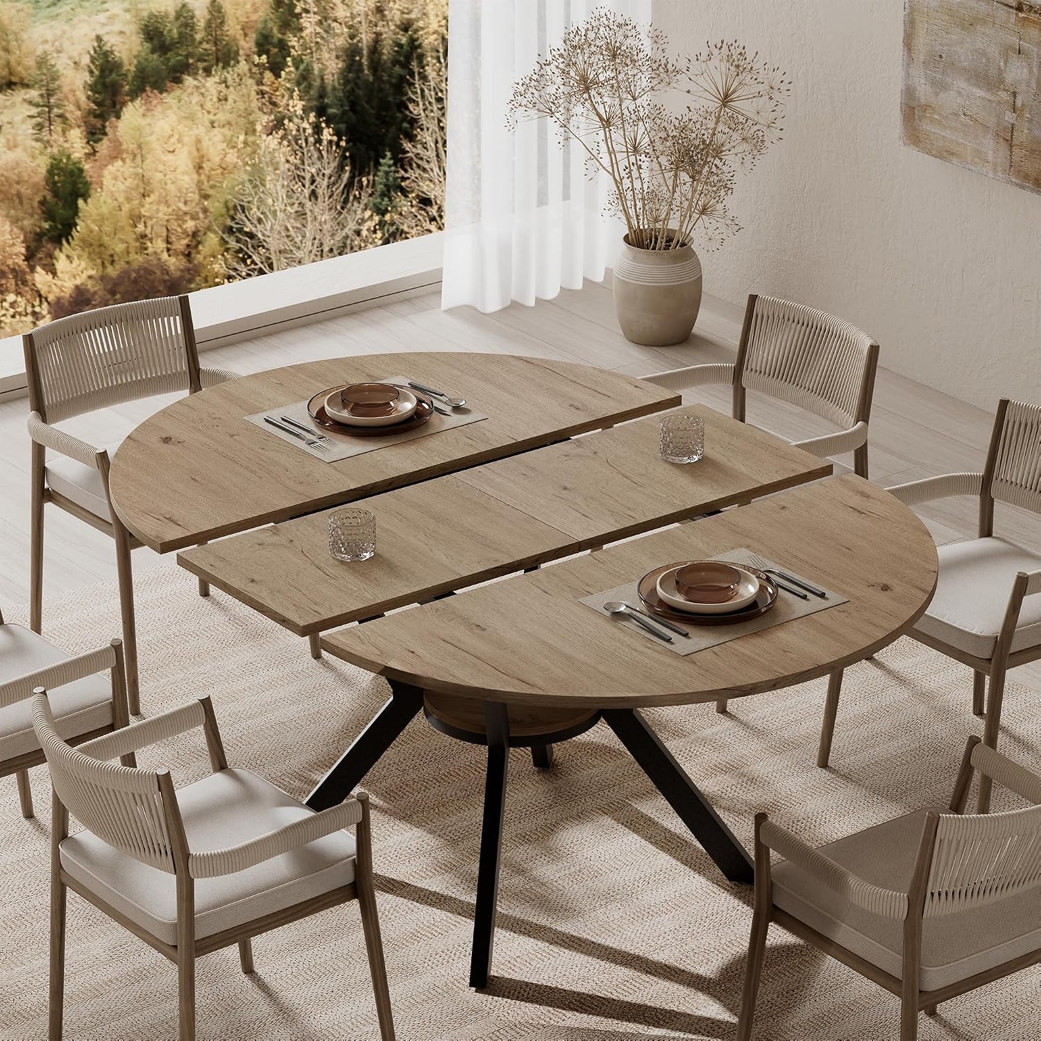 42"-58" Extendable Round Dining Table For 4-6, Kitchen Oval Table With Built-In Flip Leaf & Storage Shelf, Space Saving Modern Design With Sturdy Metal Legs For Kitchen, Living Room & Small Apartments