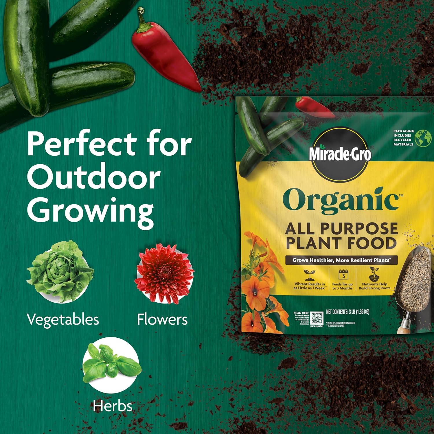 Miracle-Gro Organic All Purpose Plant Food, 3 Lb. | Garden Fertilizer For Outdoor Vegetables, Flowers, Container And In-Ground Plants, Feeds Up To 3 Months, Omri Listed