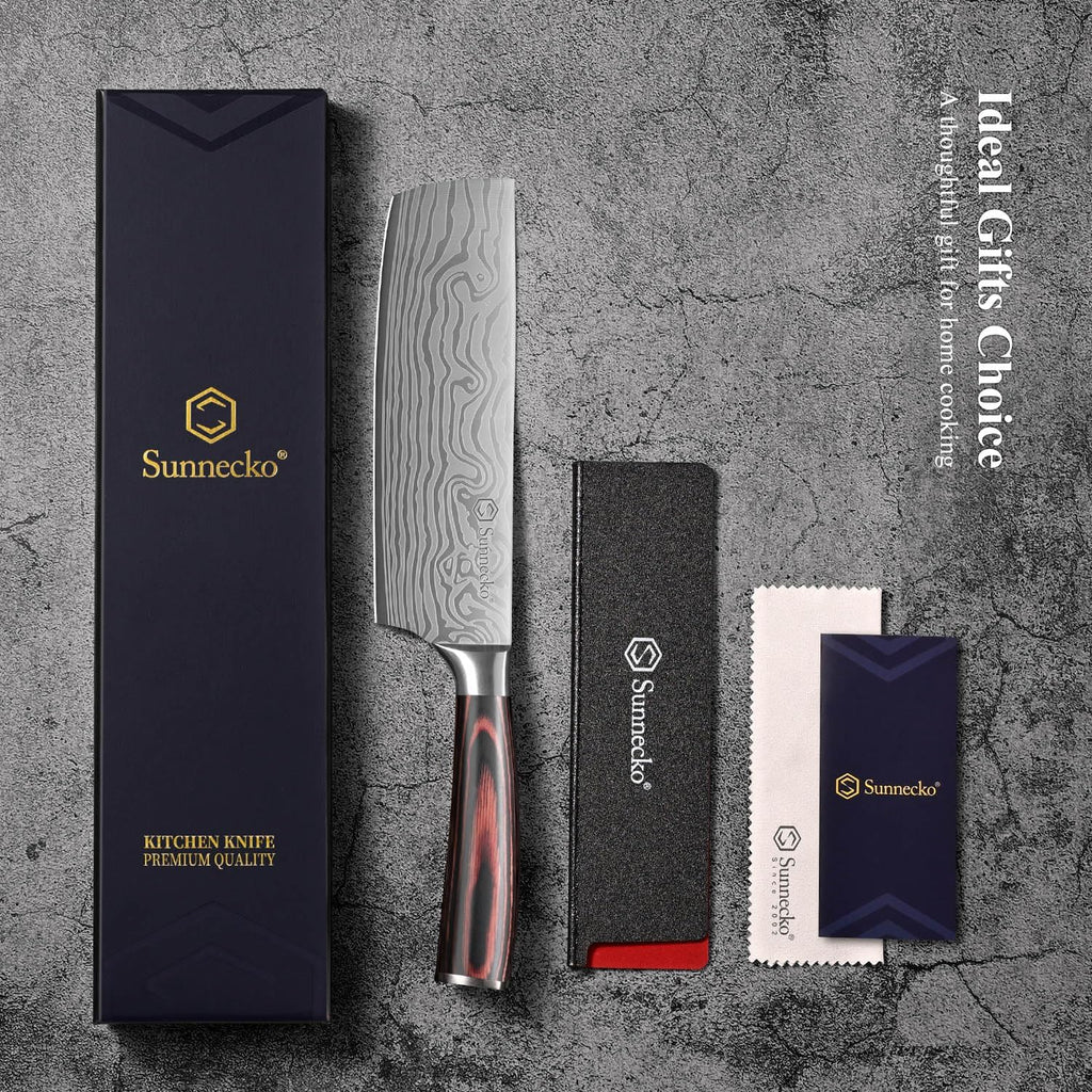 Sunnecko Japanese Nakiri Knife 7 Inch - 15° Edge Carbon Steel Chef Knife Full Tang Forged Blade Vegetable Cleaver with Sheath, Kitchen Gift for Home Cooks & Pros, Father's Day Box