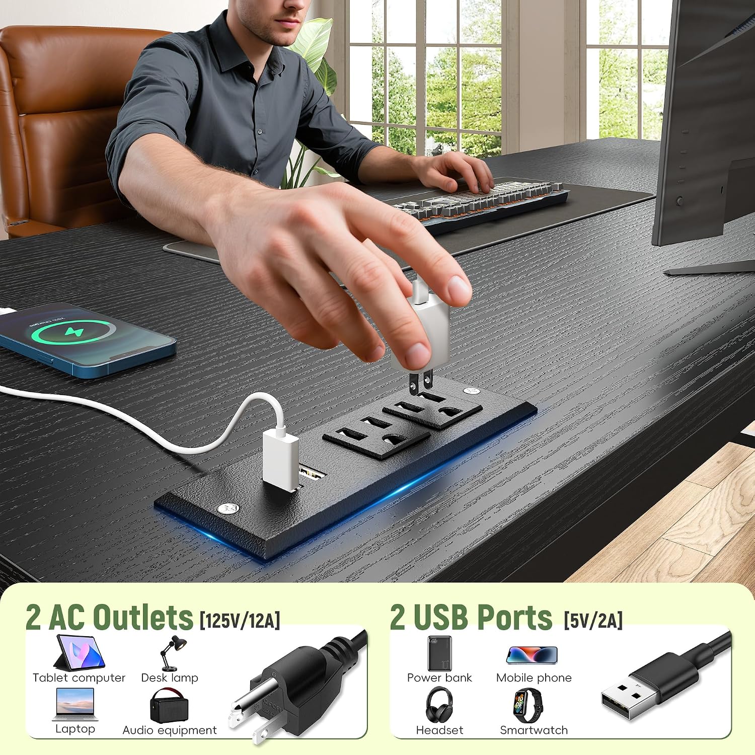 39.3" Gaming Desk With Power Outlet And Led Lights,Bedroom,Black | Computer Desk With Adjutable Monitor Stand,Fabric Drawer,Office Desk With Cpu Stand, Home Work,Study And Gaming,Small Spaces