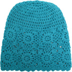 ZLYC Women Cotton Crochet Slouchy Beanie Hat Handmade Knit Summer Skull Cap Solid Peacock Blue
