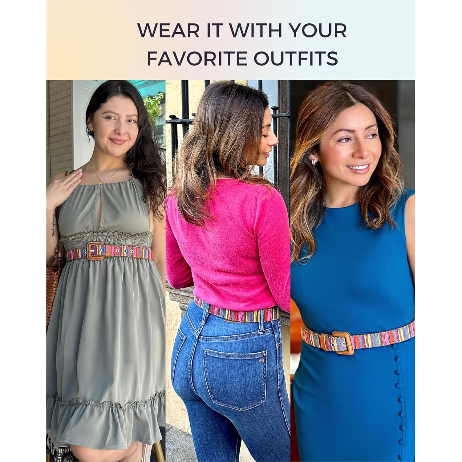 Womens Casual Belts - Multicolor Woven Belt & Brown Vegan Leather Belt