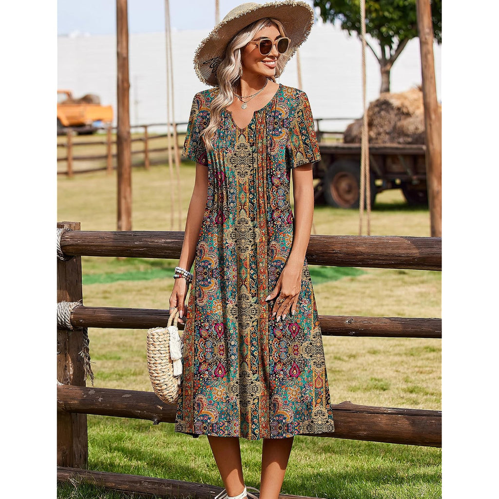 Zeagoo Summer Dresses For Women 2026 Casual Short Sleeve Aline Midi Dress With Pocket Flowy Pleated Tshirt Beach Sundress