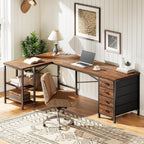 Huuger 55 Inch L Shaped Desk With Fabric Drawers, Reversible Computer Gaming Desk With Power Outlets And Usb-C Port, Adjustable Side Storage Shelves, For Work Corner Home Office, Rustic Brown