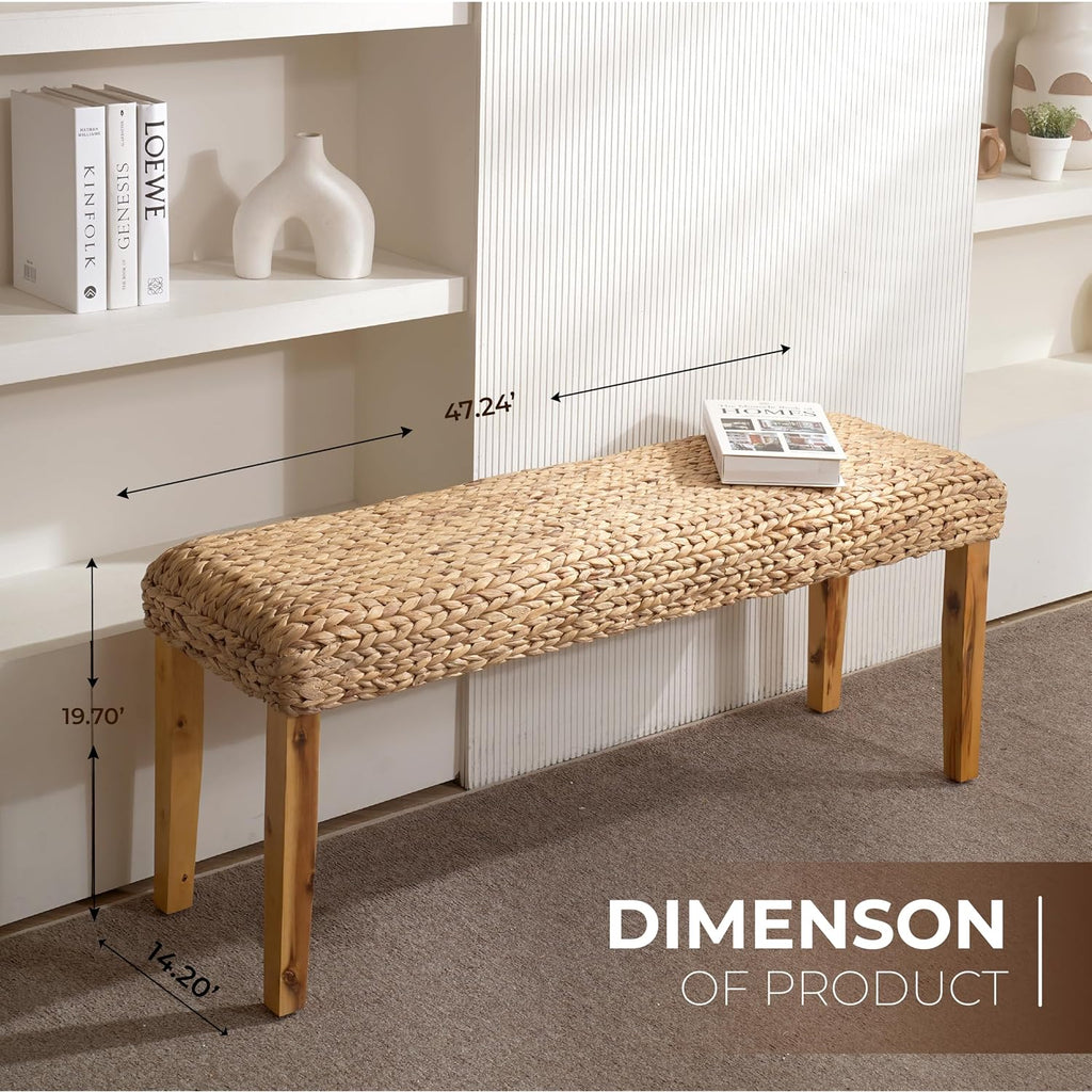 Solid Wood Acacia Indoor Bench, 47 Inch, Fishbone, Water Hyacinth | Natural Woven Seat, Living Room Or Entryway, Bedroom End Of Bed Or Dining, Window Bench