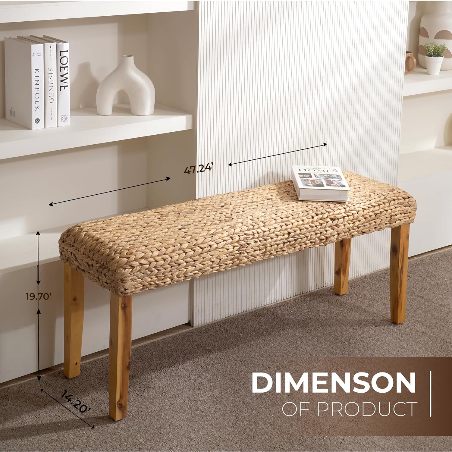Solid Wood Acacia Indoor Bench, 47 Inch, Fishbone, Water Hyacinth | Natural Woven Seat, Living Room Or Entryway, Bedroom End Of Bed Or Dining, Window Bench