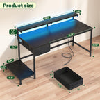 39.3" Gaming Desk With Power Outlet And Led Lights,Bedroom,Black | Computer Desk With Adjutable Monitor Stand,Fabric Drawer,Office Desk With Cpu Stand, Home Work,Study And Gaming,Small Spaces