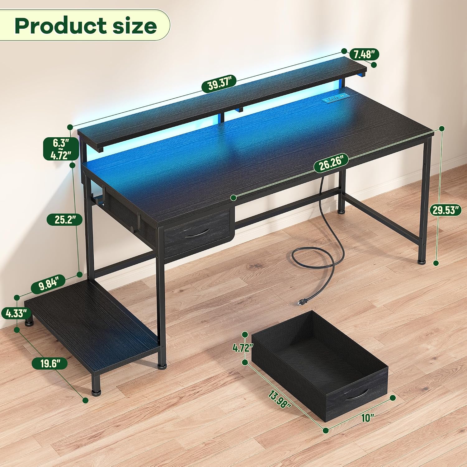 39.3" Gaming Desk With Power Outlet And Led Lights,Bedroom,Black | Computer Desk With Adjutable Monitor Stand,Fabric Drawer,Office Desk With Cpu Stand, Home Work,Study And Gaming,Small Spaces