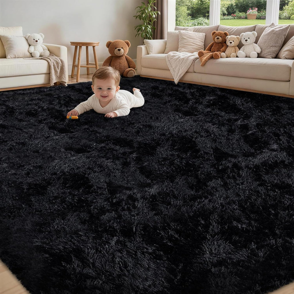 8x10 Area Rug for Living Room:Ultra Soft Fluffy Shag Black Rugs,Large Fuzzy Plush Indoor Non Slip Carpet Washable Rug for Bedroom Kids Nursery Office Dorm Modern Decor(Black)