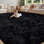 8x10 Area Rug for Living Room:Ultra Soft Fluffy Shag Black Rugs,Large Fuzzy Plush Indoor Non Slip Carpet Washable Rug for Bedroom Kids Nursery Office Dorm Modern Decor(Black)