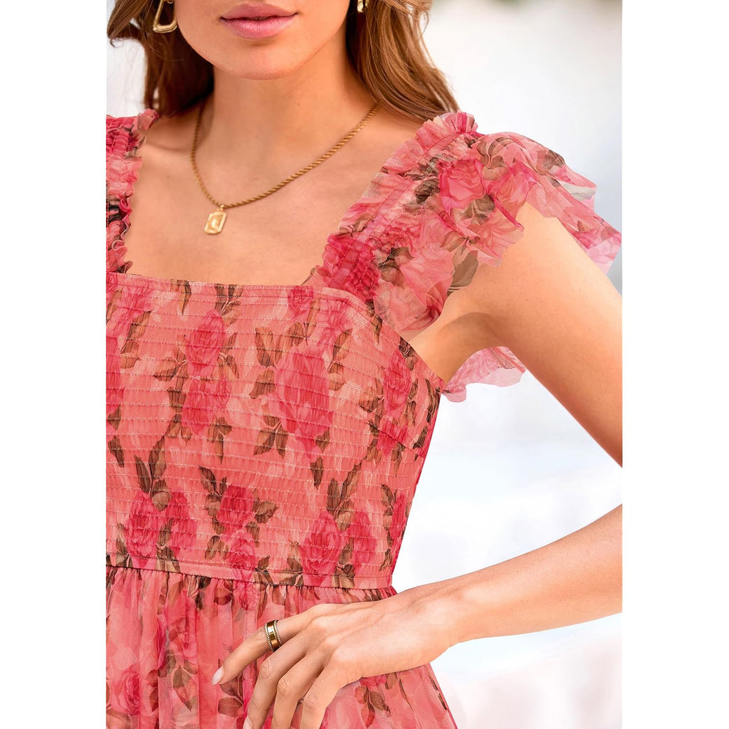 Prettygarden Women'S Summer Tulle Midi Dress Sleeveless Smocked Ruffle Flowy Mesh Dresses Party Wedding Guest Sundress