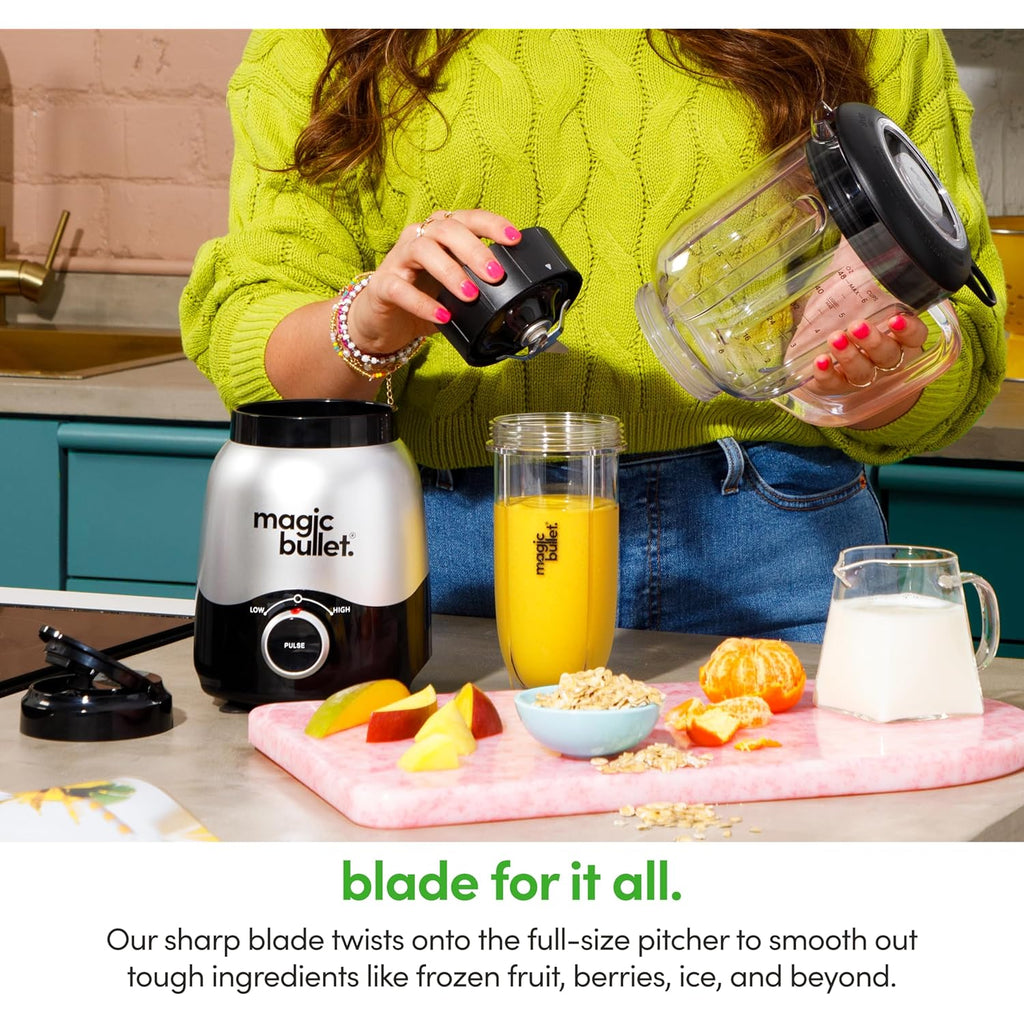 magic bullet Combo Blender, 600W, 48oz Pitcher, 16oz Cup with To-Go Lid, Easy Cleaning, Cross Blade, for Smoothies, Sauces, Shakes, Salsa, Hot Blends, Silver, MBF50200