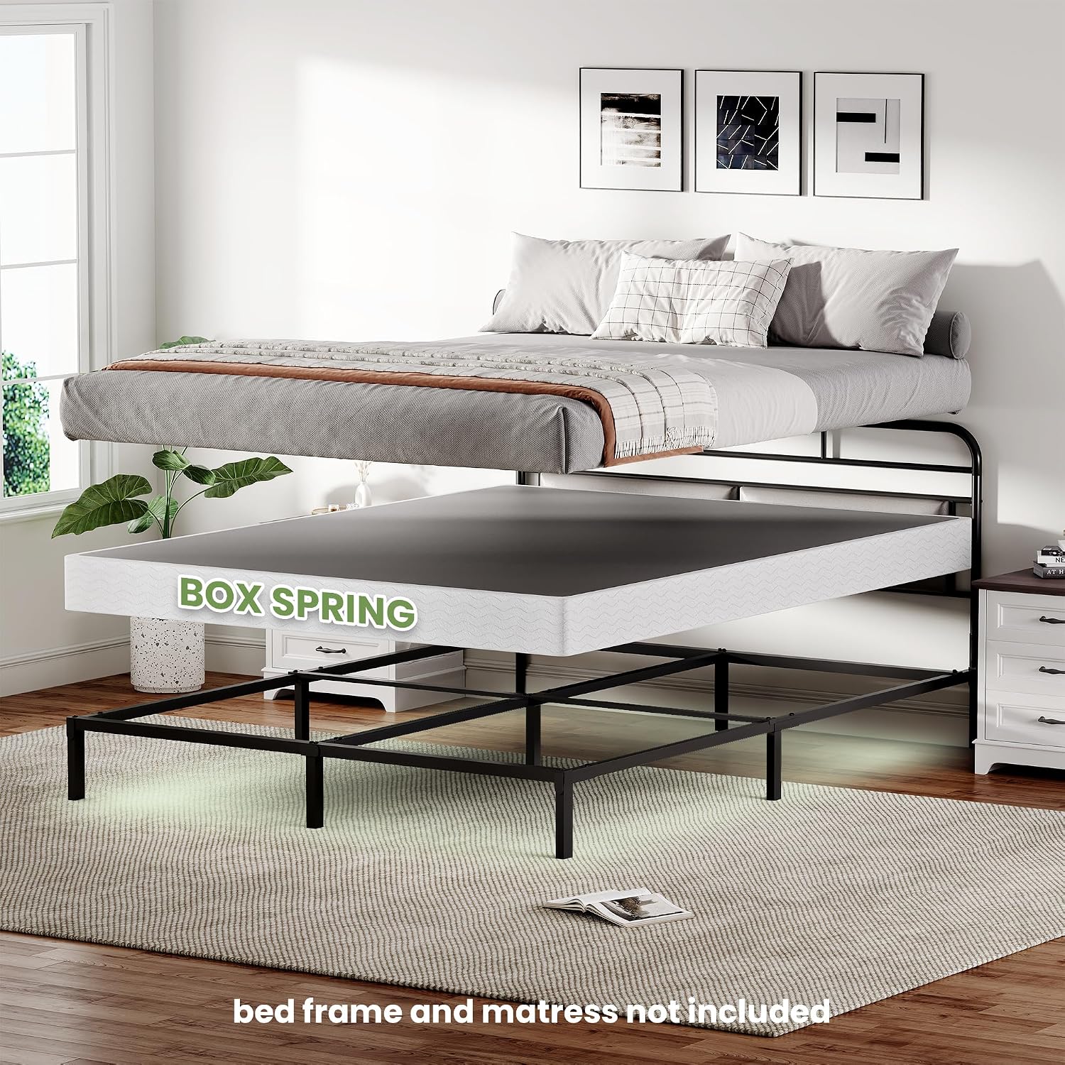 7 Inch Box Spring For Queen Bed, Quick Assembly Queen Size Metal Mattress Foundation With Fabric Cover, Strong Steel Frame, Heavy Duty, Low Profile Bed Frame Base Cama, Queen Upgraded Version