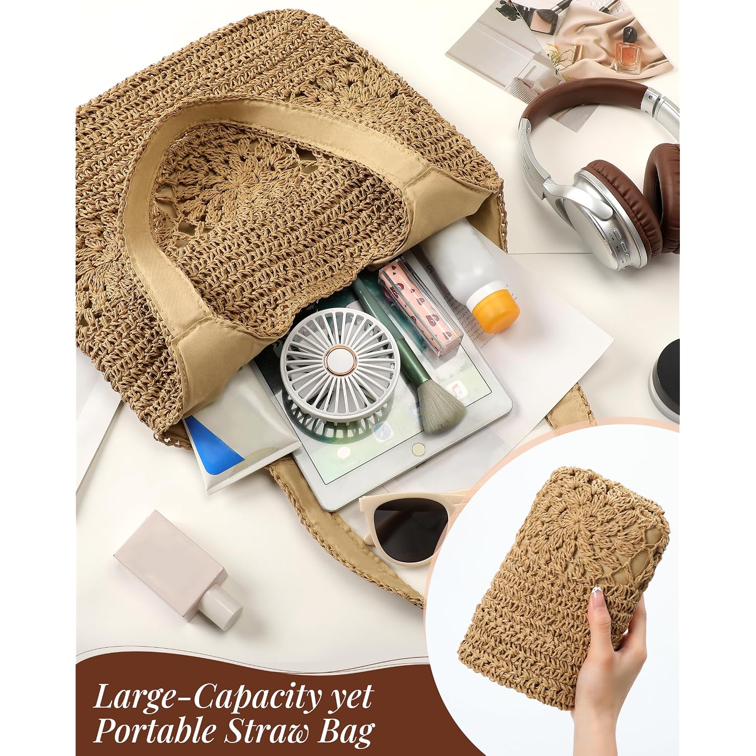 Beach Bag, Straw Beach Bags For Women, Floral Designed Beach Tote Lightweight Foldable Straw Bag