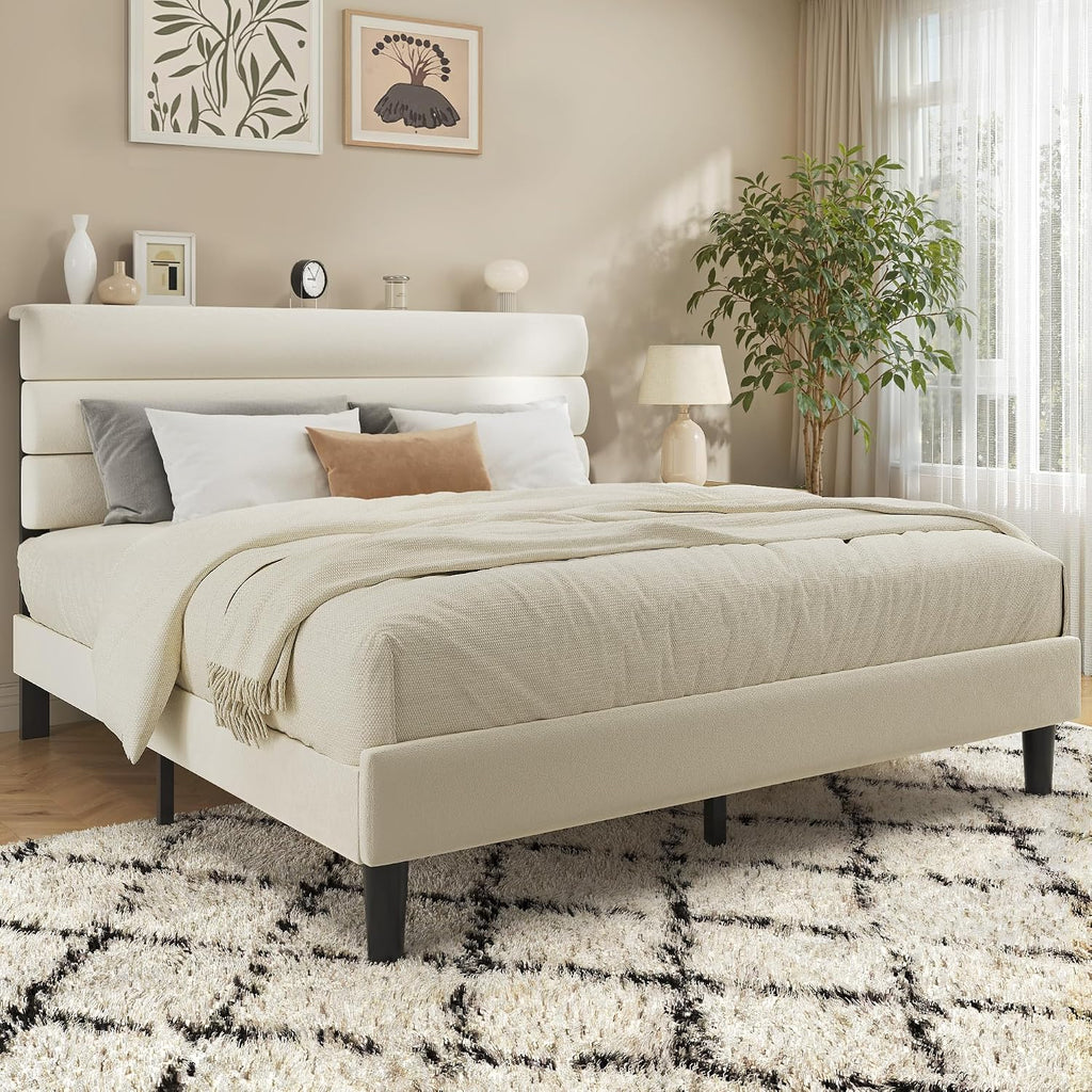 Queen Bed Frame, Platform Bed Frame With Velvet Upholstered Headboard, No Box Spring Needed, Sturdy Metal Support, Noise Free, Easy Assembly, Modern Bedroom Furniture, Beige