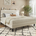 Queen Bed Frame, Platform Bed Frame With Velvet Upholstered Headboard, No Box Spring Needed, Sturdy Metal Support, Noise Free, Easy Assembly, Modern Bedroom Furniture, Beige