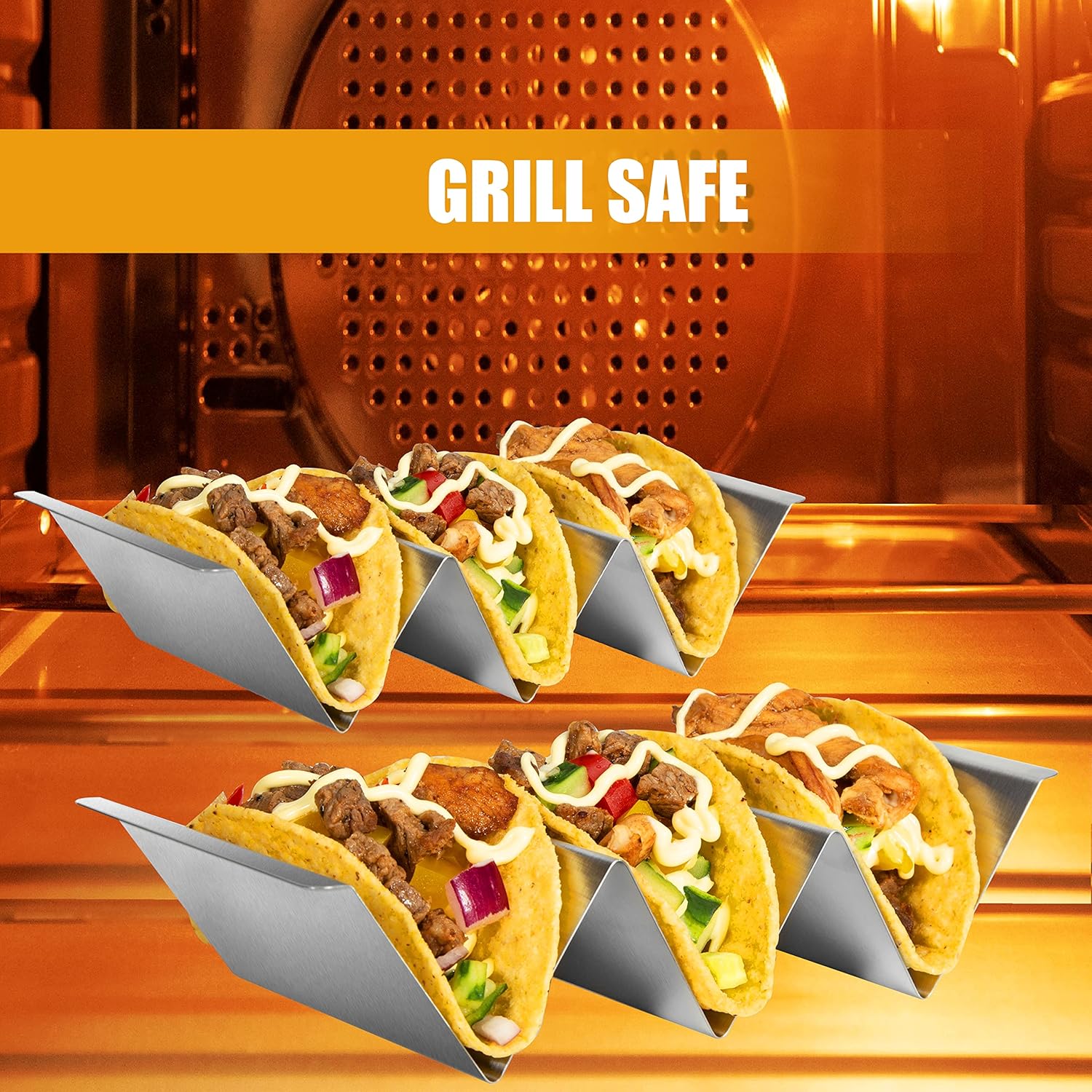 Taco Holders Set of 6, Taco Stand, Stainless Steel Taco Holder, with Easy-Access Handle, Each Can Hold 2 To 3 Tortillas, Oven Safe for Baking, Dishwasher Safety