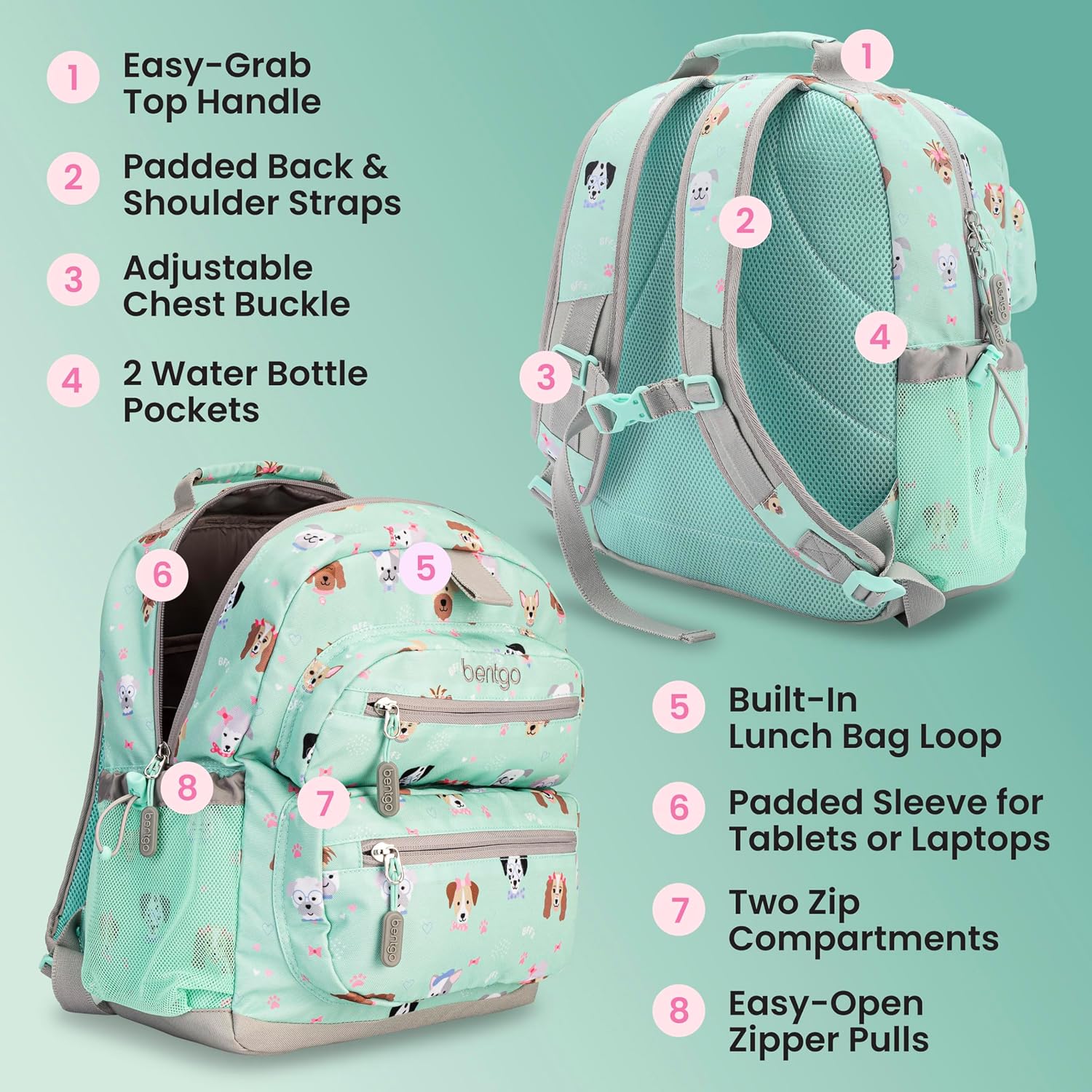 Bentgo Kids Print Durable & Water-Resistant Backpack | Lightweight 14” Backpack For School, Travel, & Daycare, Ages 4+, & Loop For Lunch Bag (Puppy Love)