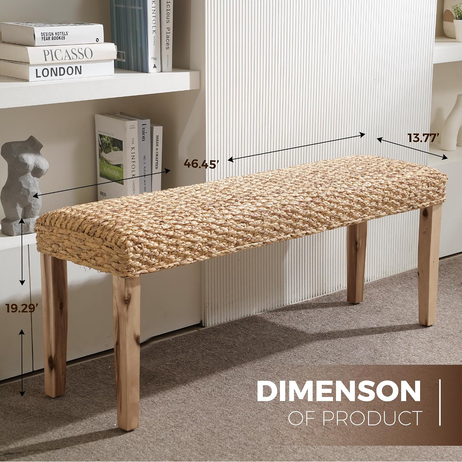Indoor Wicker Bench, 47", Solid Wood Acacia & Natural Woven Seat | Entryway Bench, Living Room Dining Bench Or End Of Bed Bench, Boho, Rustic Farmhouse Rattan Hallway Bench