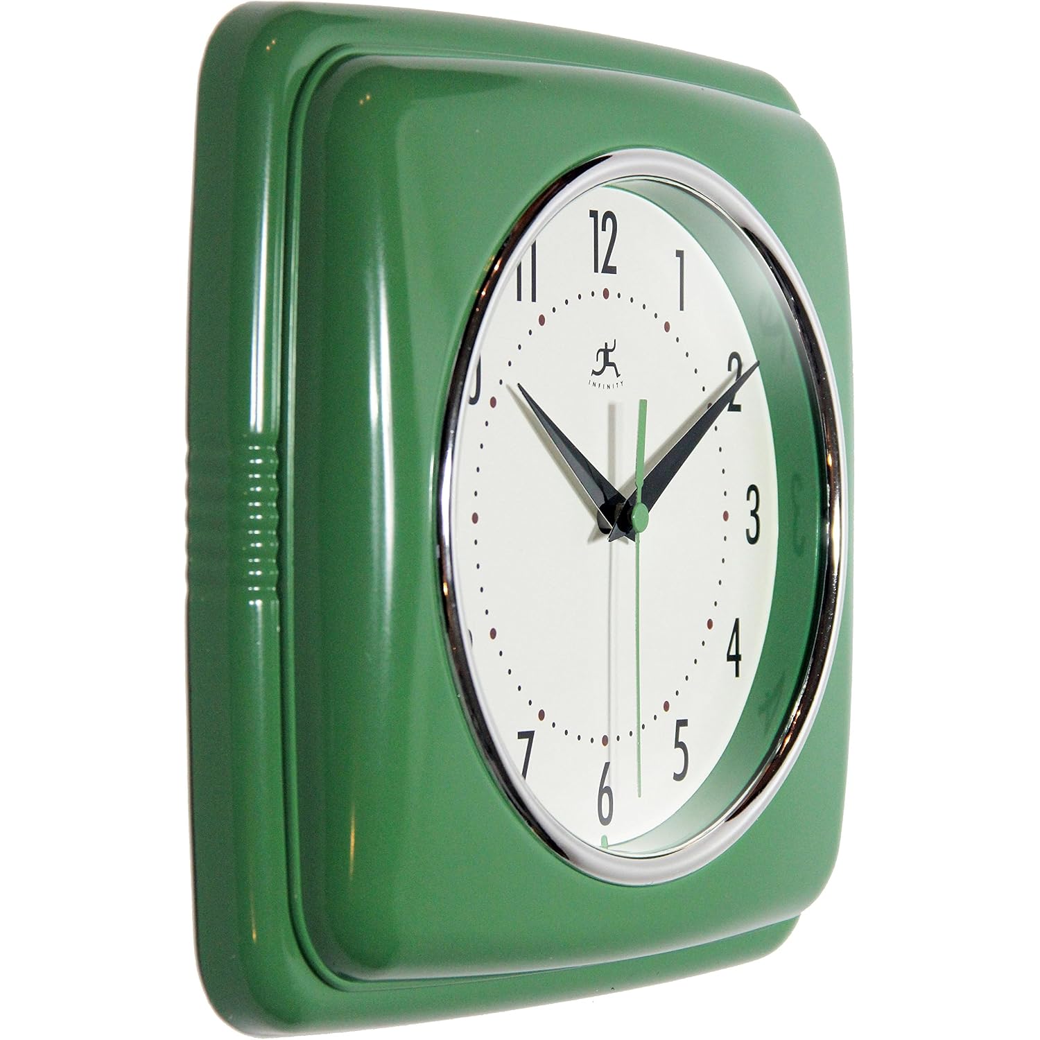 Infinity Instruments Square Silent Retro 9 Inch Mid Century Modern Kitchen Diner Retro Wall Clock Quartz Sweep Movement (Green)