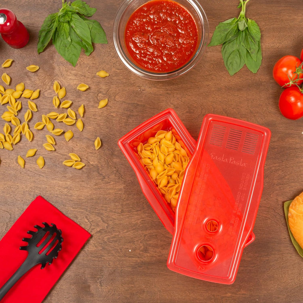 The Original Fasta Pasta Microwave Cooker w Lid and Built-in Strainer (Red)- No More Messes, Waiting for Water to Boil,or Sticky Noodles- Perfect Al Dente Pasta Every time- Patented, It Really Works!