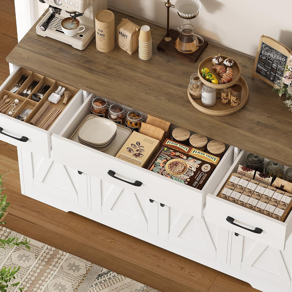 Hostack Kitchen Buffet Sideboard Storage Cabinet, Coffee Bar Cabinet, White | 55"W Farmhouse Kitchen Cabinet With Doors And Adjustable Shelves, Buffet Cabinet With 3 Large Drawers For Dining Living Room