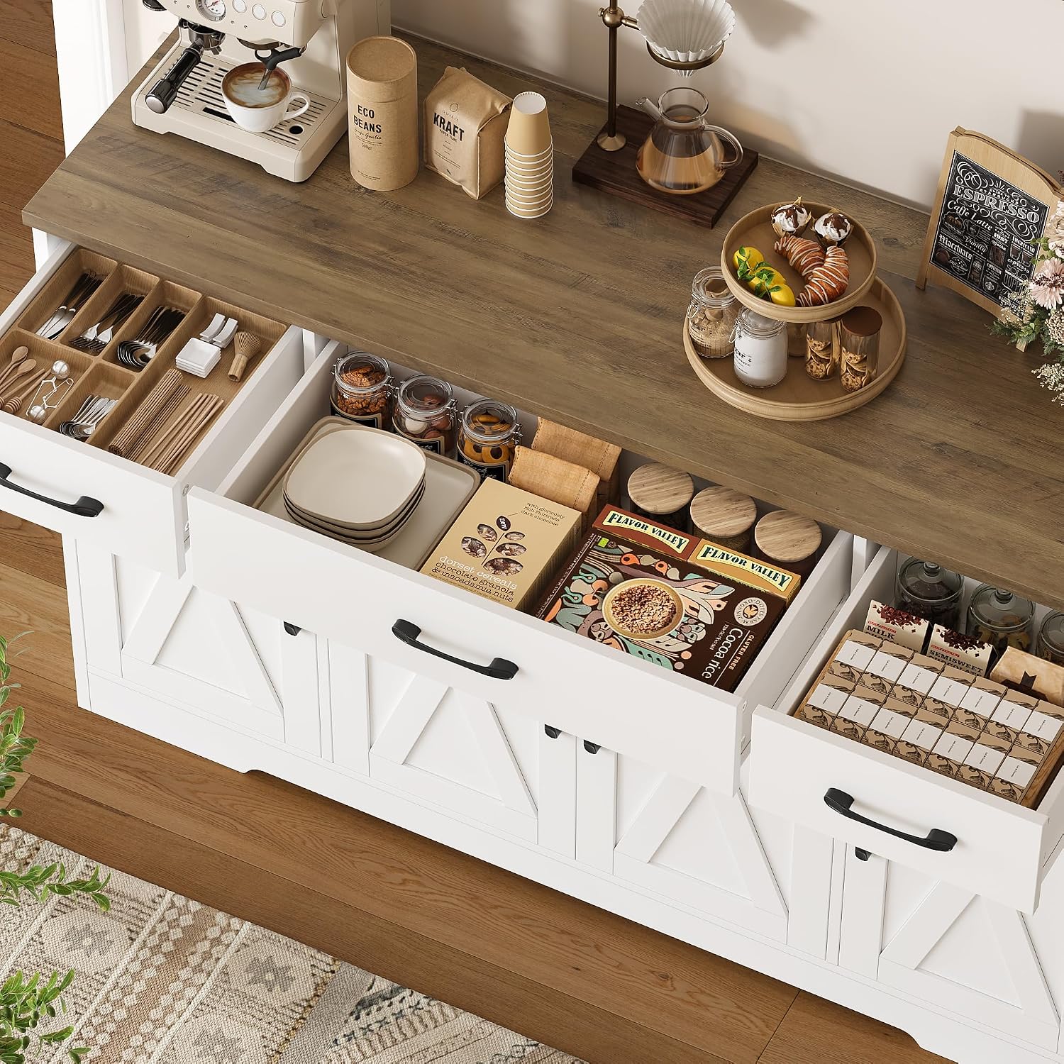 Hostack Kitchen Buffet Sideboard Storage Cabinet, Coffee Bar Cabinet, White | 55"W Farmhouse Kitchen Cabinet With Doors And Adjustable Shelves, Buffet Cabinet With 3 Large Drawers For Dining Living Room