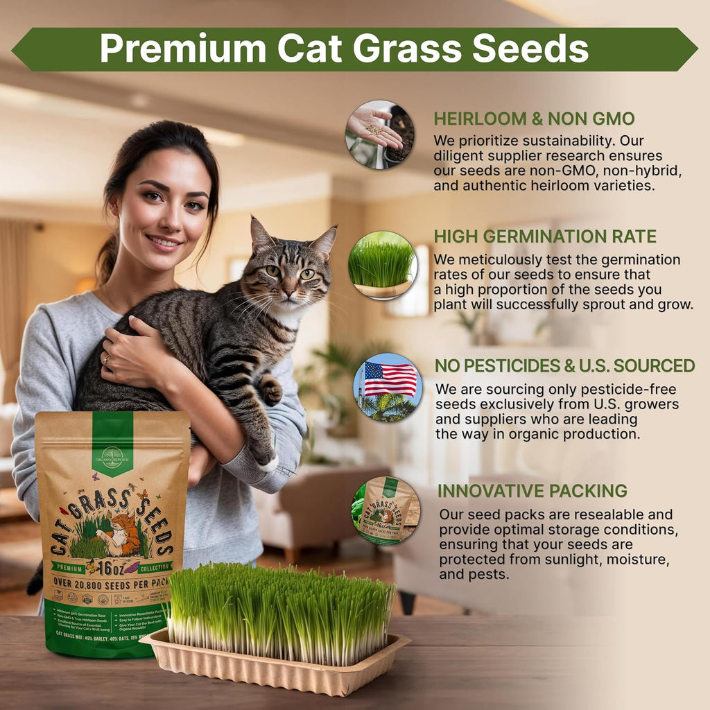 Cat Grass Seeds Mix - 20,800 Non-Gmo Heirloom Seeds For Cats & Pets, 16 Oz Pack For Growing Fresh Barley, Oat, Rye & Wheat Grass Seeds For Planting, Indoor Plants, Hairball Remedy