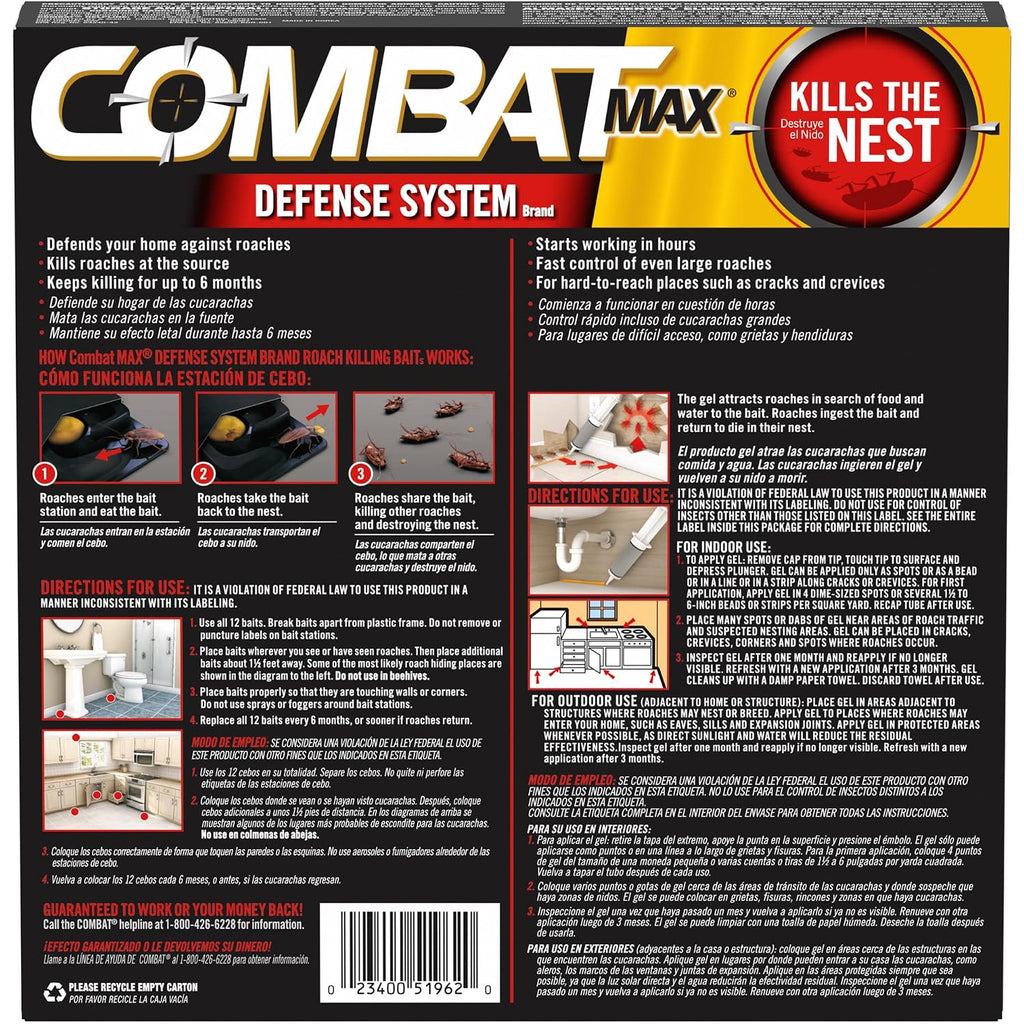 Combat Max Defense System Brand, Small Roach Killing Bait And Gel, 12 Count Bait Stations & 0.42 Ounce Syringe, Fast-Acting Fipronil Cockroach Killer, No Vapor, Fumes Or Odor, Mess-Free Application