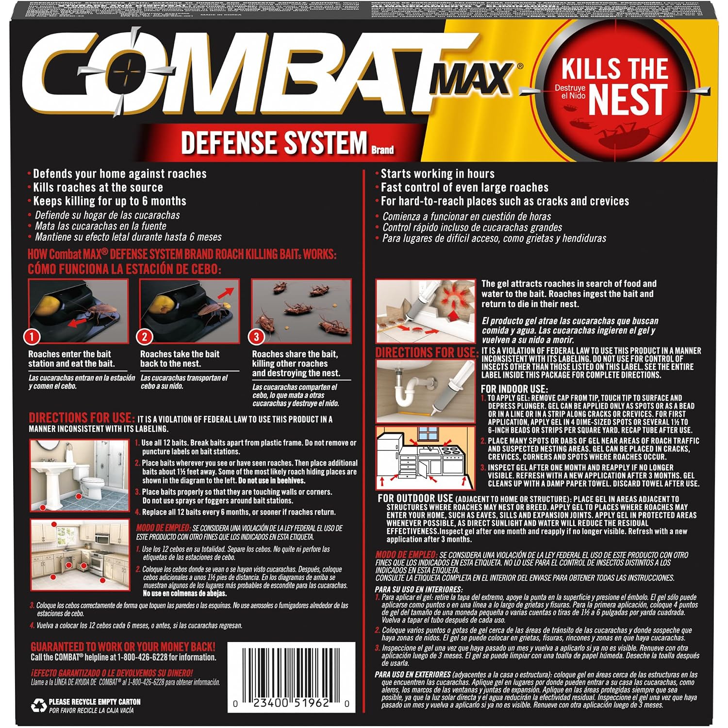 Combat Max Defense System Brand, Small Roach Killing Bait And Gel, 12 Count Bait Stations & 0.42 Ounce Syringe, Fast-Acting Fipronil Cockroach Killer, No Vapor, Fumes Or Odor, Mess-Free Application